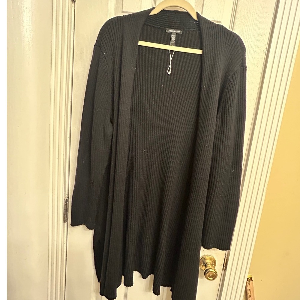 Eileen Fisher Black Extra Fine Merino Wool Ribbed Open Front Duster Cardigan 1X